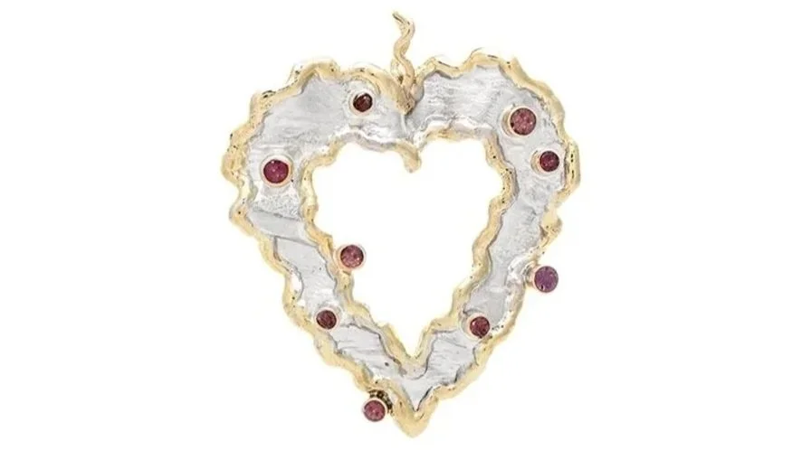 Ruffled Heart Sterling Silver, 14k Gold, Pink tourmaline