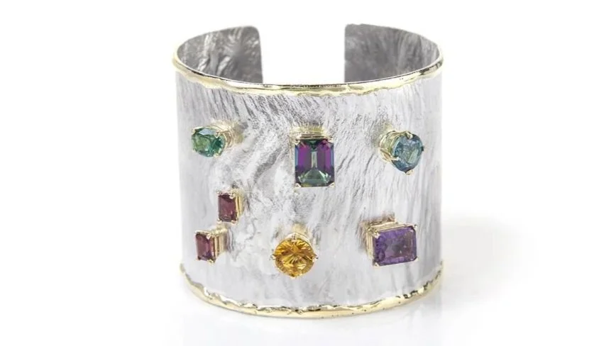 Multi-Stone 3" Cuff Sterling Silver, 14K Gold, Colored Gemstones