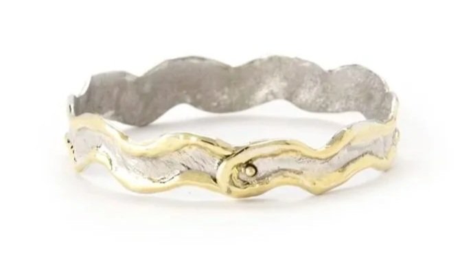 Narrow Wavy "Snap" Bangle Sterling Silver, 14K Gold
