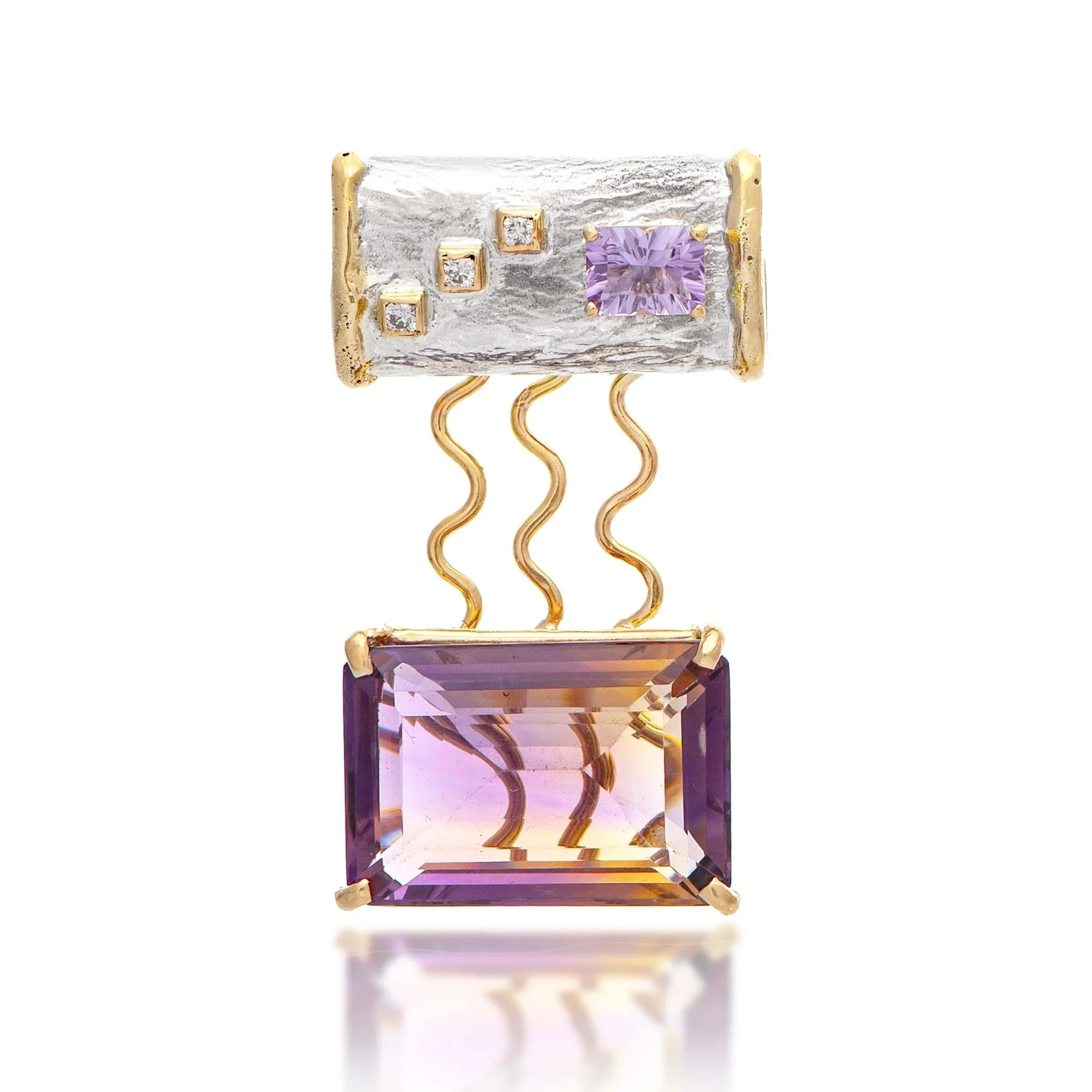 Triple Connection Sterling Siver, 14k Gold, Ametrine, Pink amethyst, Diamond