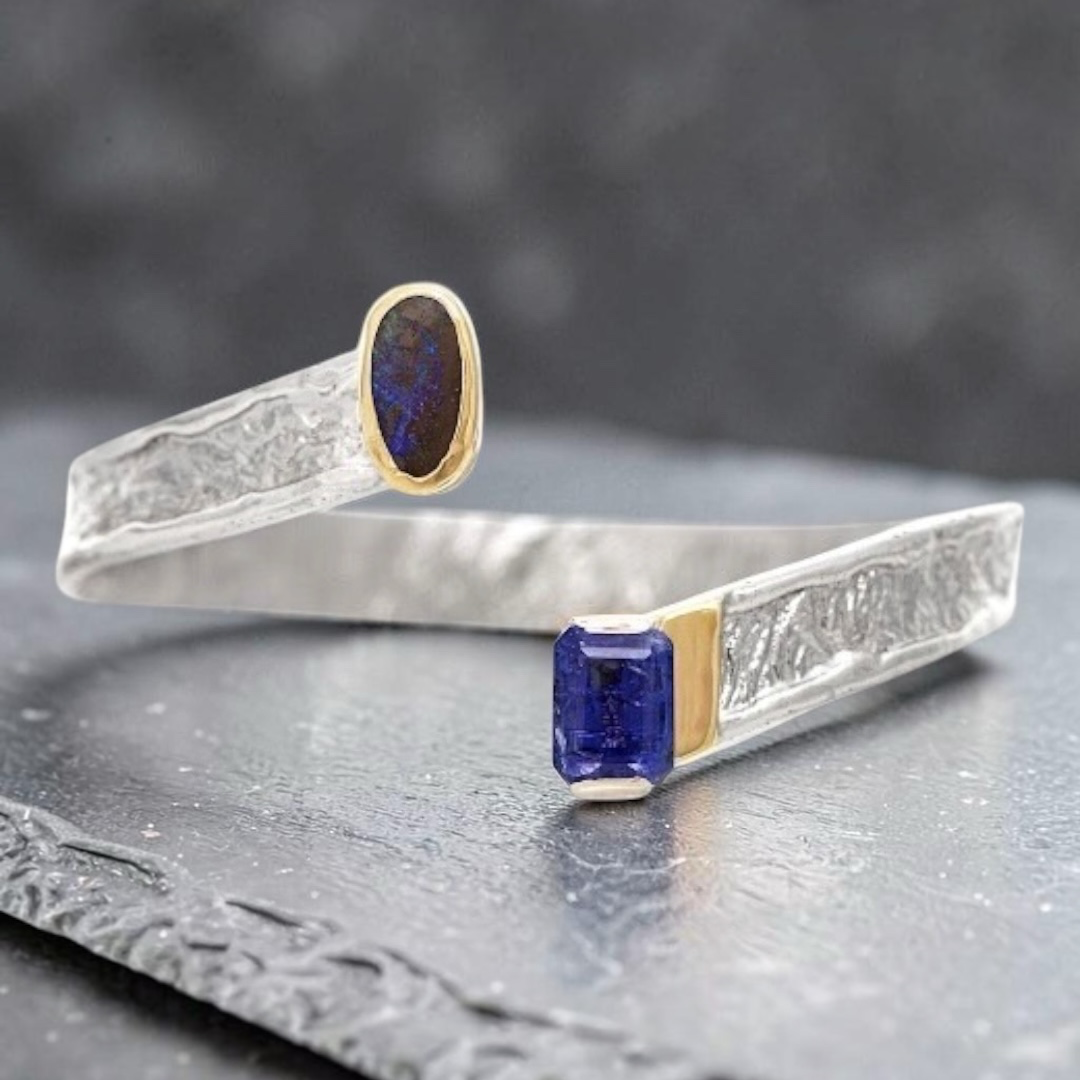 Sidestep Cuff Sterling Silver, Boulder Opal, Tanzanite, 14k gold