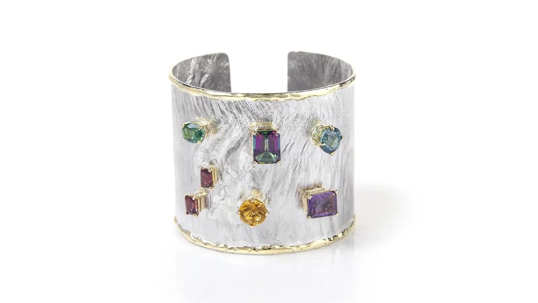 Multi-Stone 3" Cuff Sterling Silver, 14K Gold, Colored Gemstones