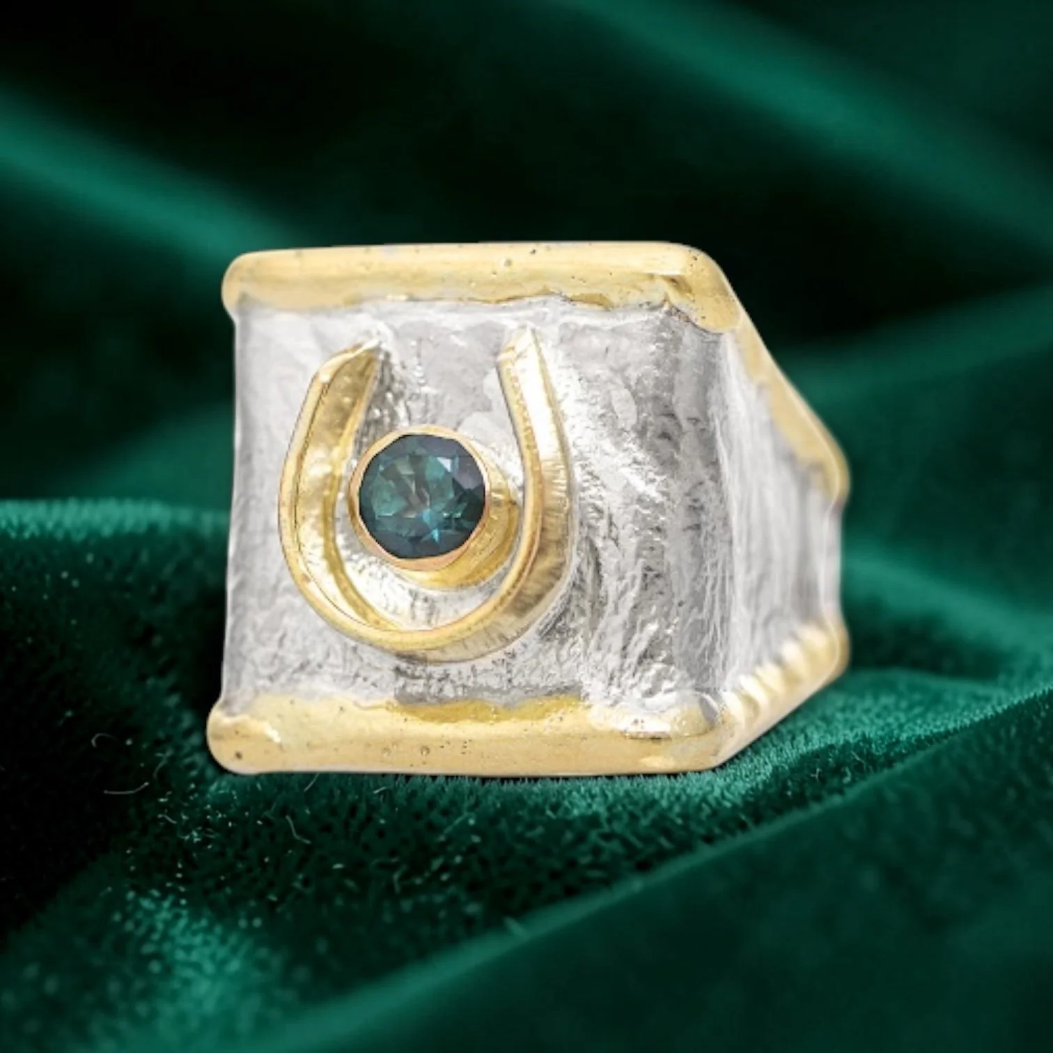 Luck of  the Irish Horseshoe Ring Sterling Silver, 14k Gold, Green Topaz