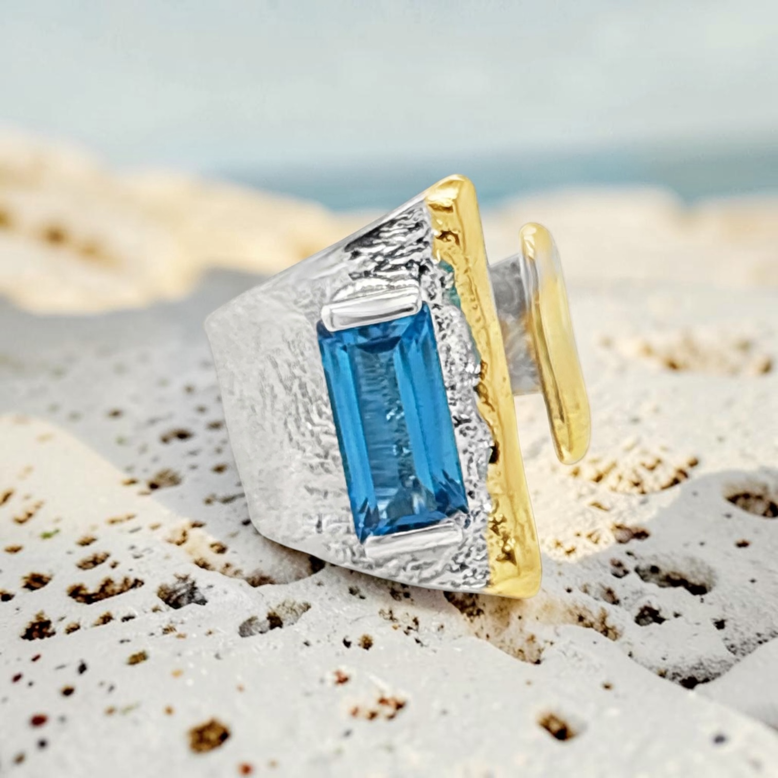 Summer Sand Ring Sterling Silver, 14k Gold, Swiss Blue Topaz