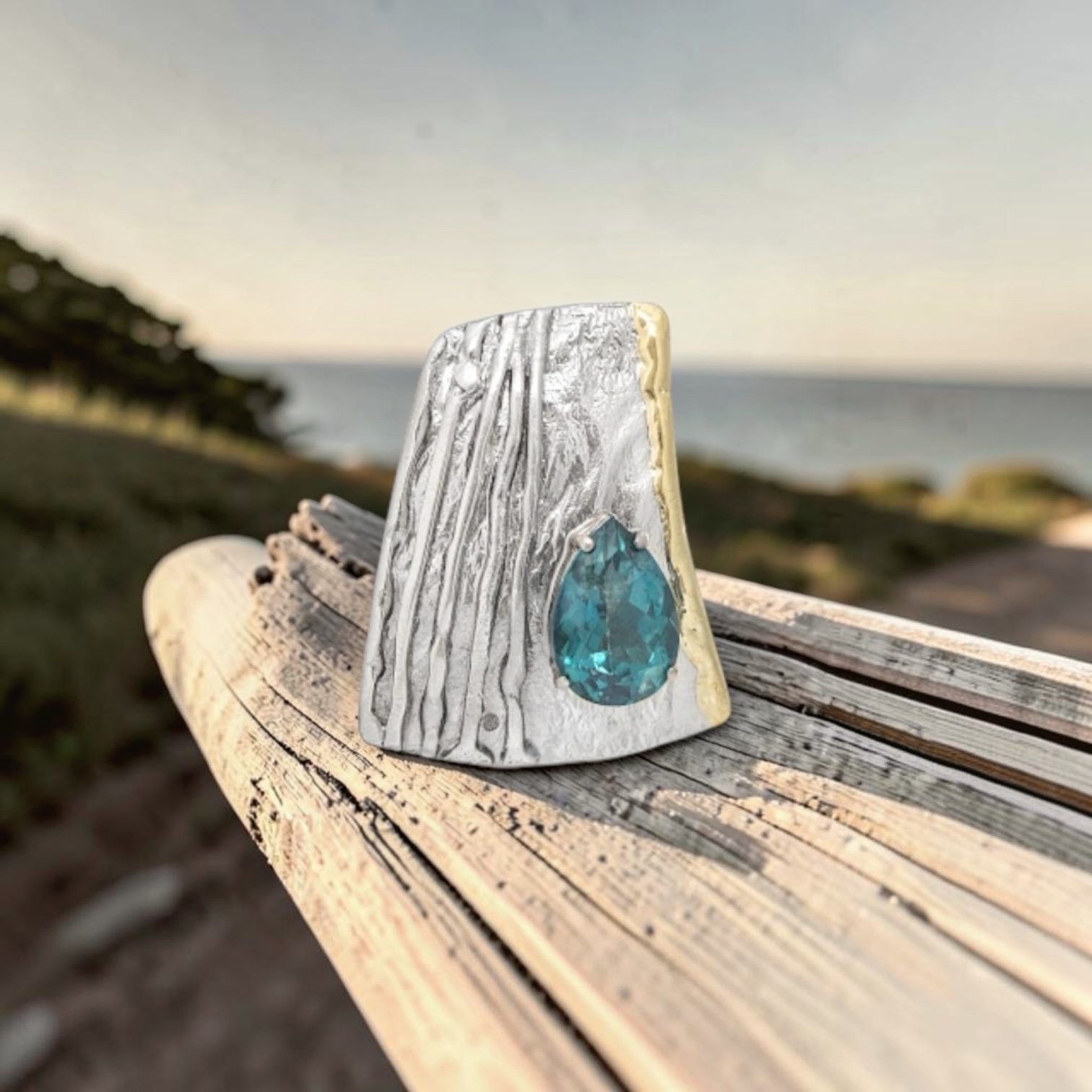 Curvilinear Calm Sterling Silver, 14k Gold, Evergreen Topaz