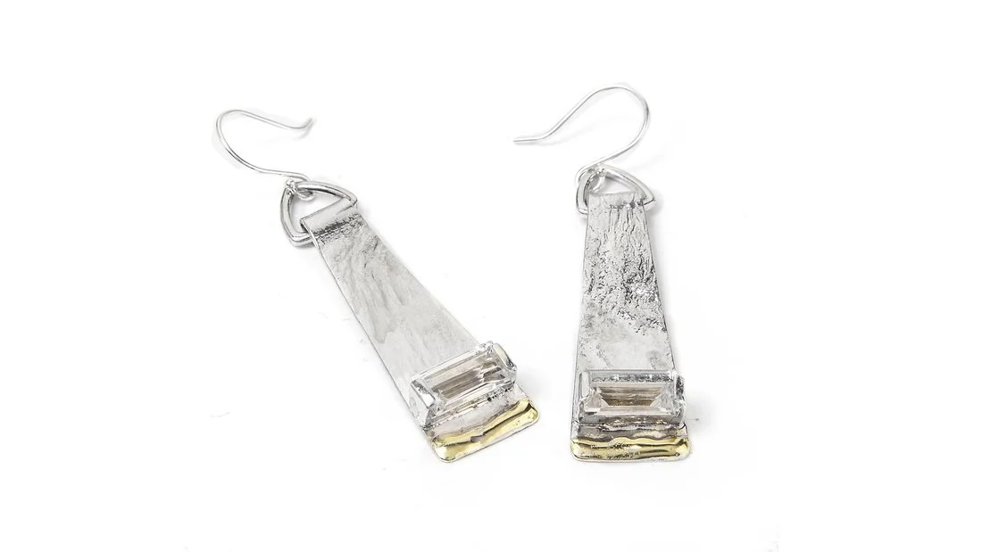 Trapezoid Swing Earrings Sterling Silver, 14k Gold, White Quartz