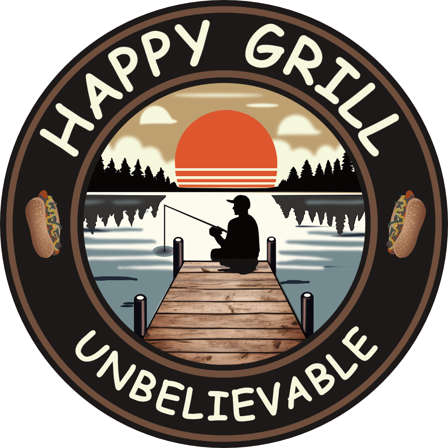 A circular logo with a person fishing on a dock at sunset, with trees and clouds, and the text "HAPPY GRILL UNBELIEVABLE" around the circle, featuring two hot dogs on either side.