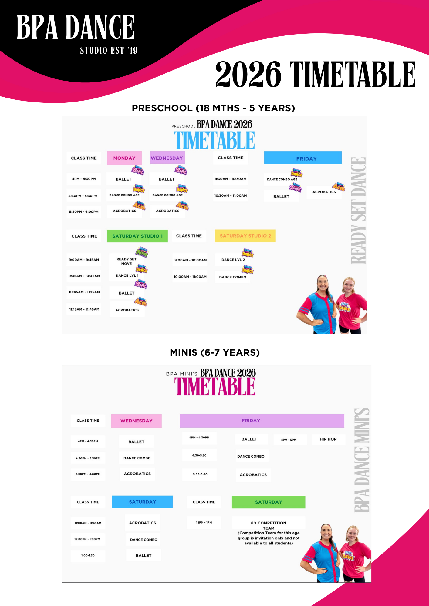 2026 BPA Dance studio schedule with classes for preschool and kids, featuring color-coded days and times, and photos of two instructors in dance attire.