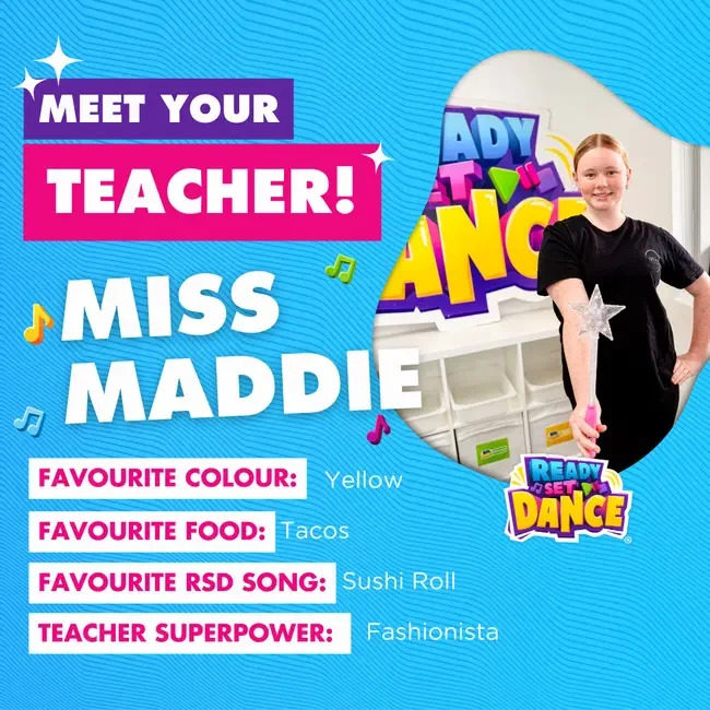 Bright and colorful poster introducing Miss Maddie, a teacher, with a photo of her holding a magic wand, set against a blue background with music notes and vibrant text detailing her favorite color, food, RSD song, and teacher superpower.