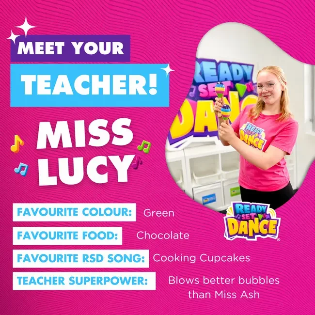 School poster introducing Miss Lucy, a teacher, with a photo of her holding maracas wearing a pink shirt and glasses, with colorful text and musical notes on a pink background.