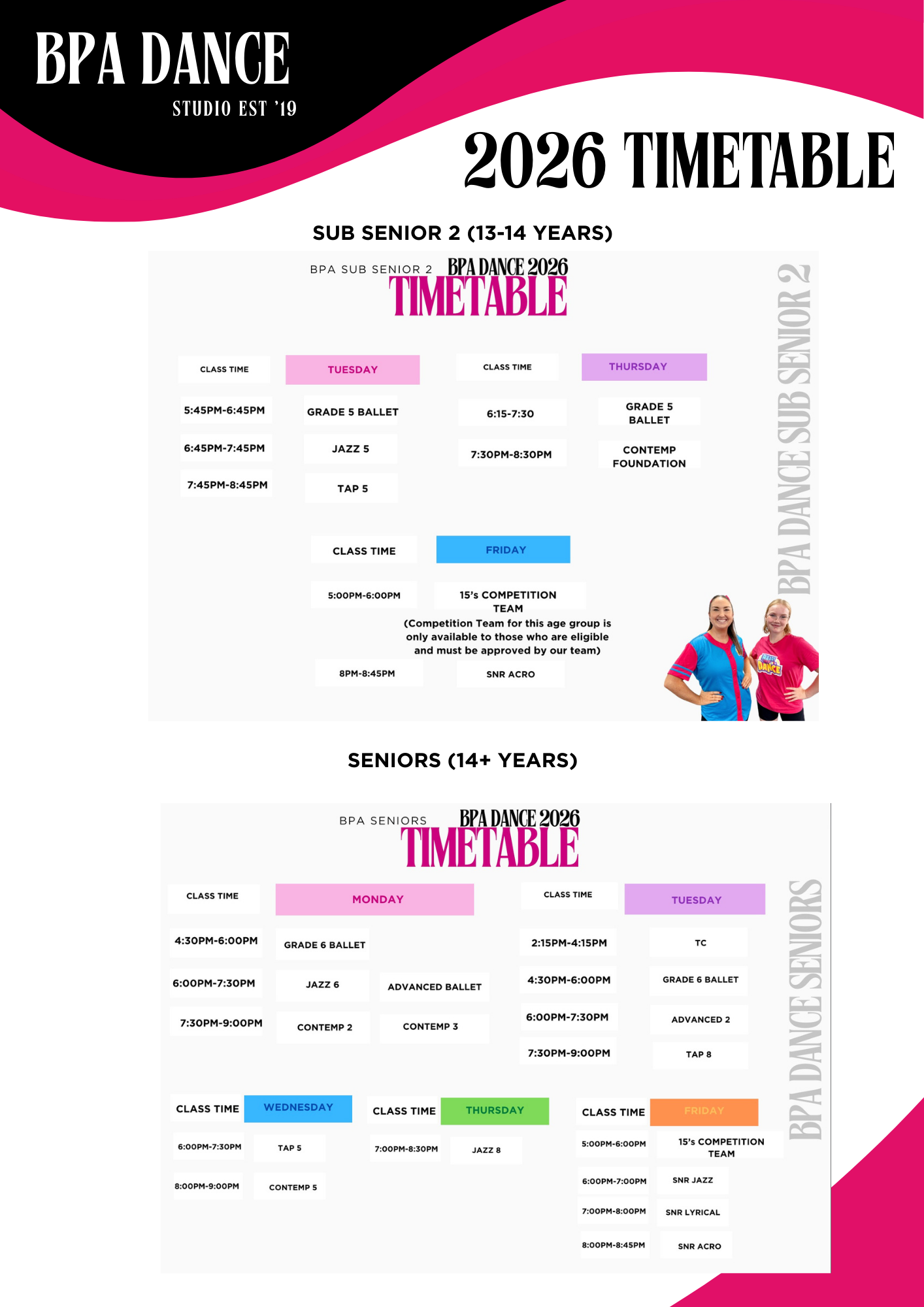 Dance studio schedule for BPA Dance 2026, featuring classes for sub senior and senior students with times, days, and group names, along with an image of two young girls in dance outfits.