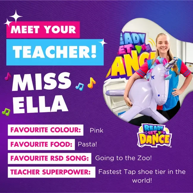 Announcement introducing Miss Ella as a teacher with details about her favorite color, food, RSD song, and teacher superpower, featuring a photo of a smiling girl holding an inflatable horse inside a classroom.