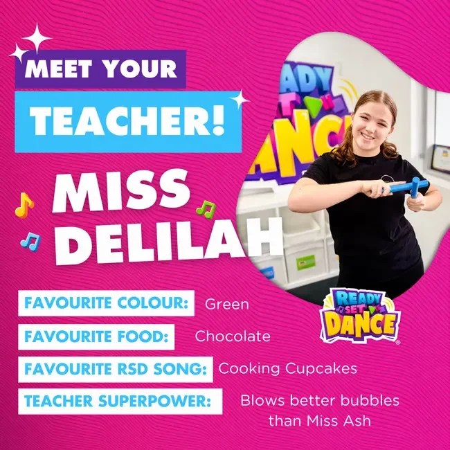 A colorful poster introduces Miss Delilah as a teacher, with her picture smiling and holding a drumstick. The poster highlights her favorite color, food, RSD song, and superpower, with a pink background and playful graphics.
