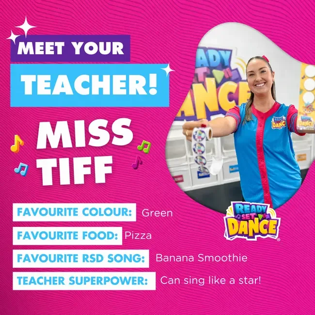 An introduction card for Miss Tiff, a teacher, featuring colorful text and a photo of her smiling and holding a roll of decorative tape. The background is pink with musical notes, and the card includes her favorite color (green), favorite food (pizza), favorite RSD song (Banana Smoothie), and her teacher superpower (can sing like a star).