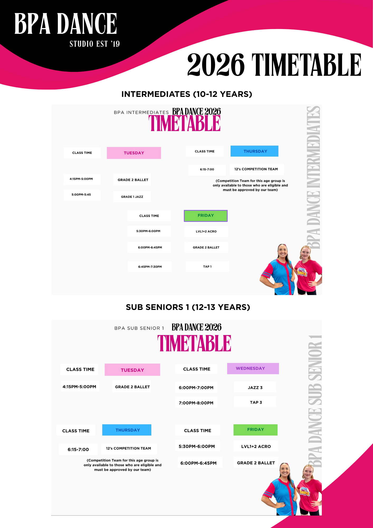 2026 timetable for BPA Dance studio with schedules for different age groups, including ballet, jazz, tap, and acro classes, along with a photo of two smiling dancers in colorful dance outfits.