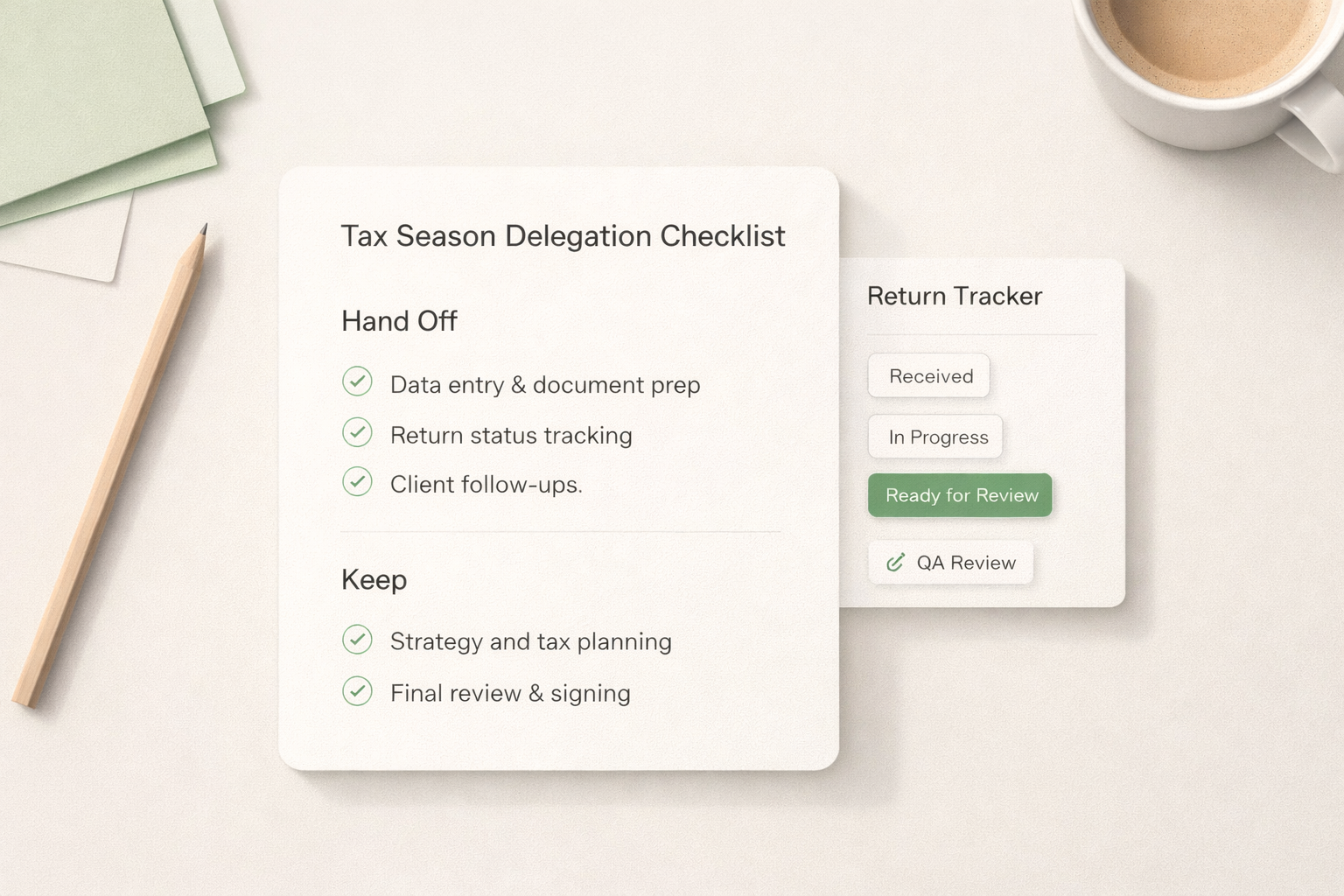 A digital checklist for tax season delegation on a light-colored desk with a pencil, some paper, and a coffee mug.