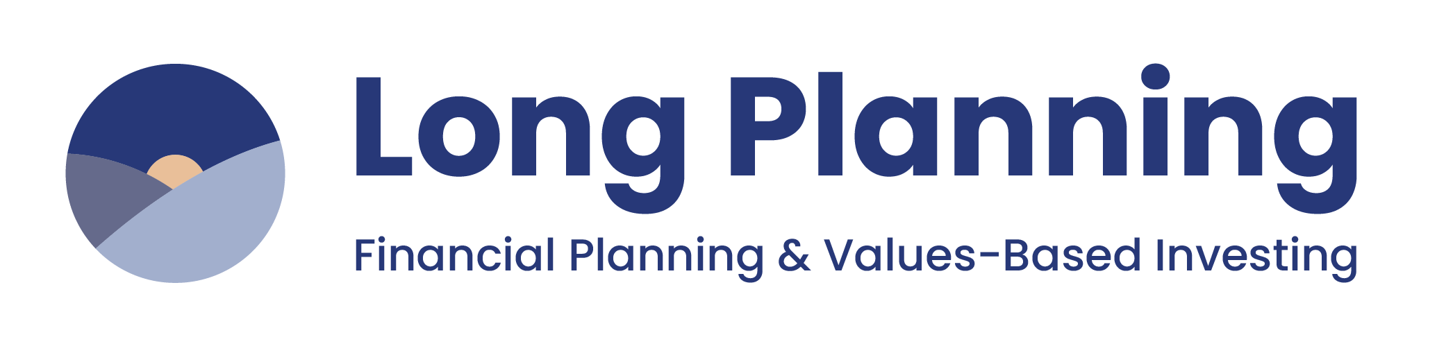 Logo for Long Planning with a circular icon featuring mountain-like shapes in shades of blue and beige, and the text "Long Planning" with a subtitle "Financial Planning & Values-Based Investing".