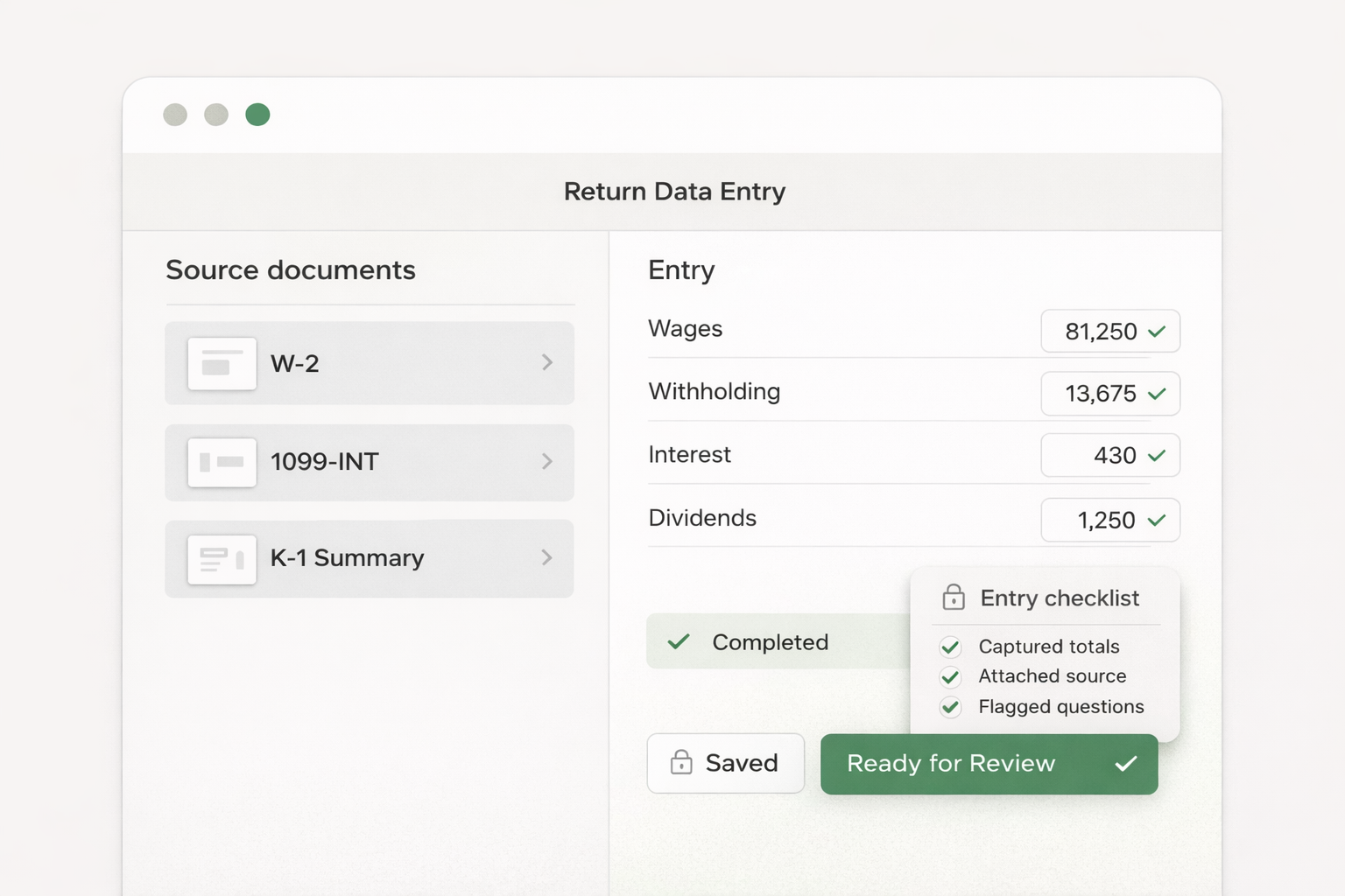 Screenshot of a data entry interface showing source documents on the left and entered financial data on the right, with a 'Ready for Review' button at the bottom.