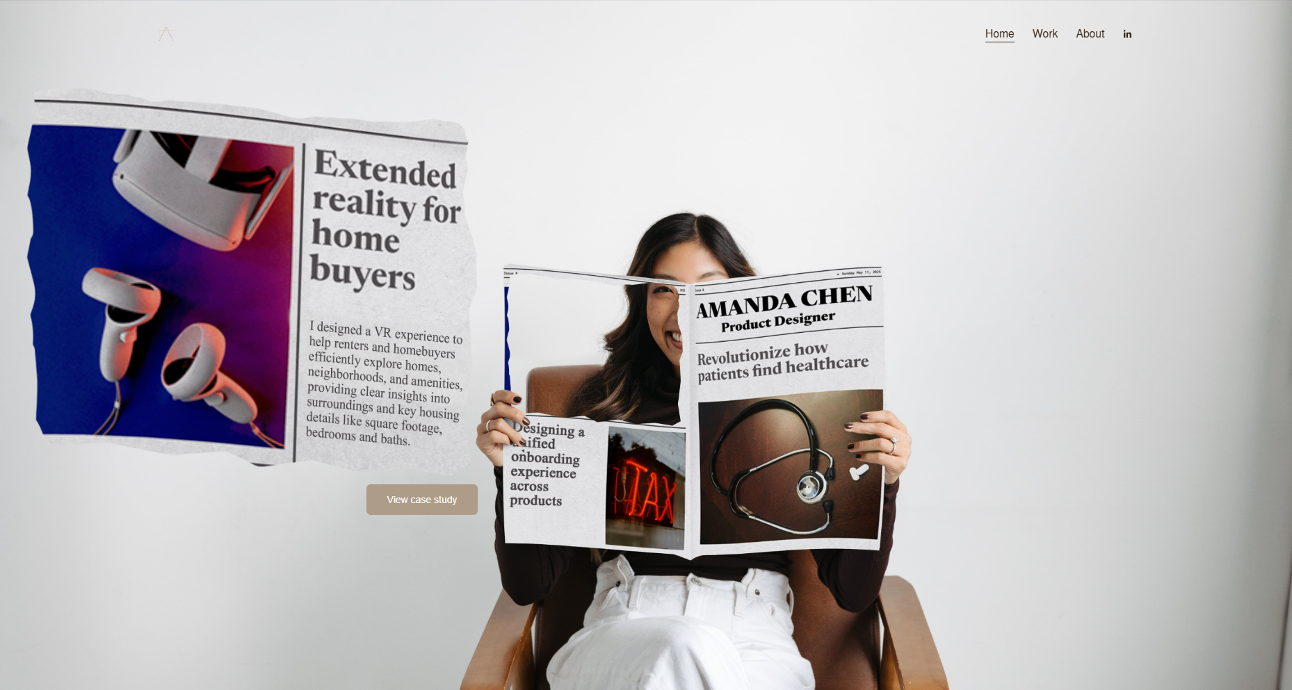 Woman sitting in a chair, holding a newspaper with a headline on healthcare and a stethoscope, with a torn paper image of VR headsets and text about home buyers on her left.