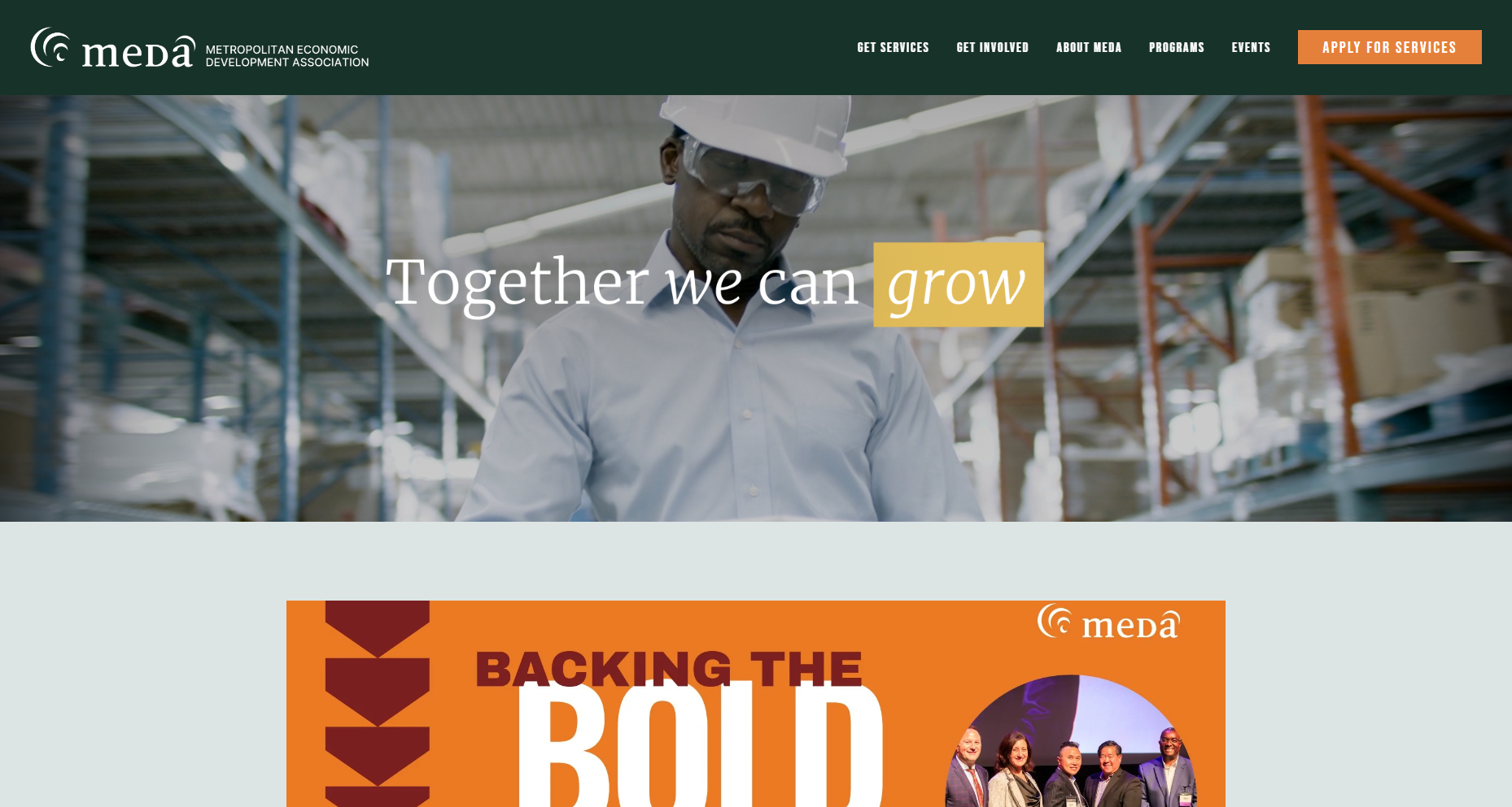Homepage of the Metropolitan Economic Development Association website featuring a man in safety glasses and a helmet working in a warehouse and the slogan "Together we can grow."