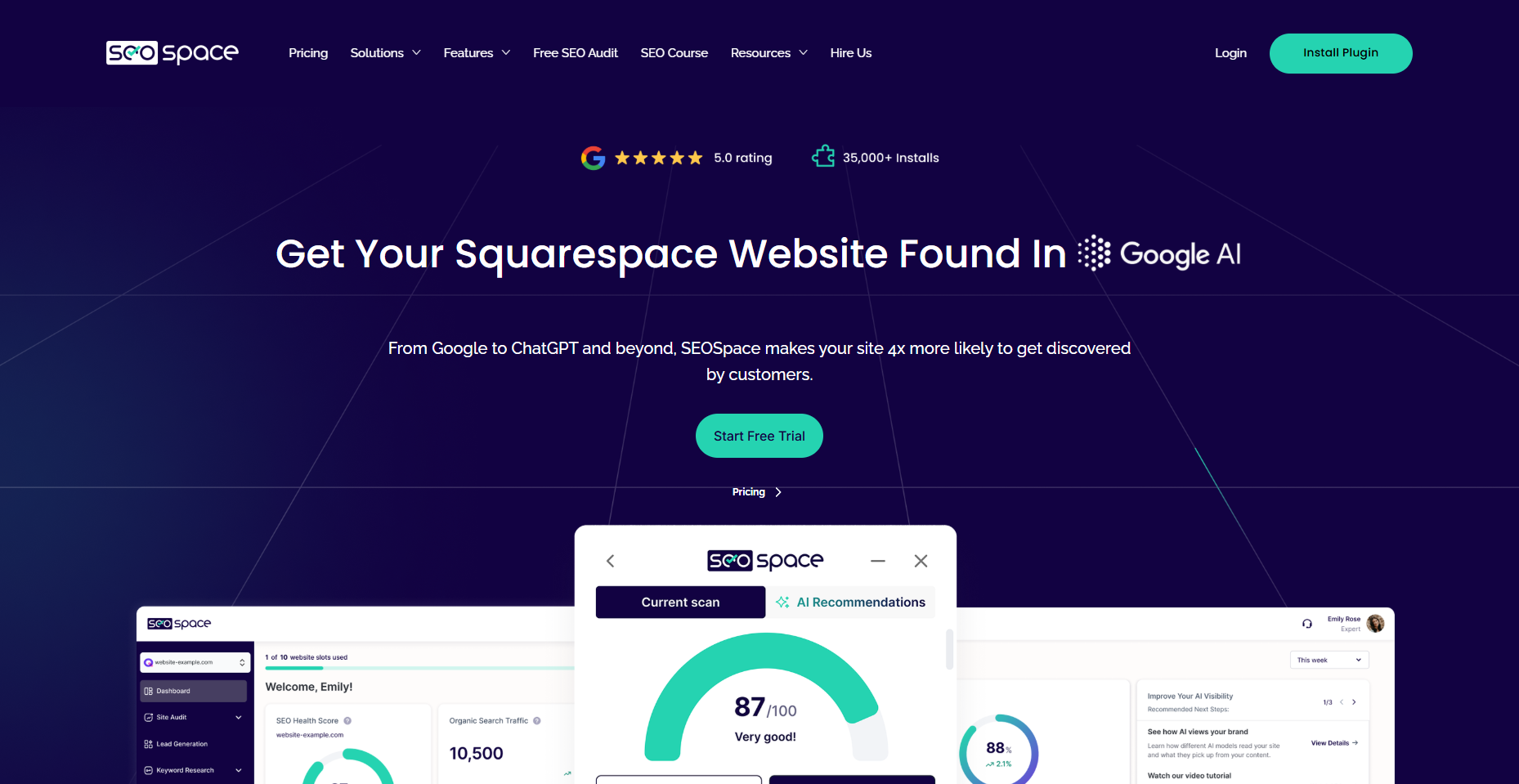 Screenshot of SEOSpace website homepage featuring a dark blue background, logo, navigation menu, a call-to-action button labeled 'Start Free Trial', and a display of the software interface with SEO performance metrics.