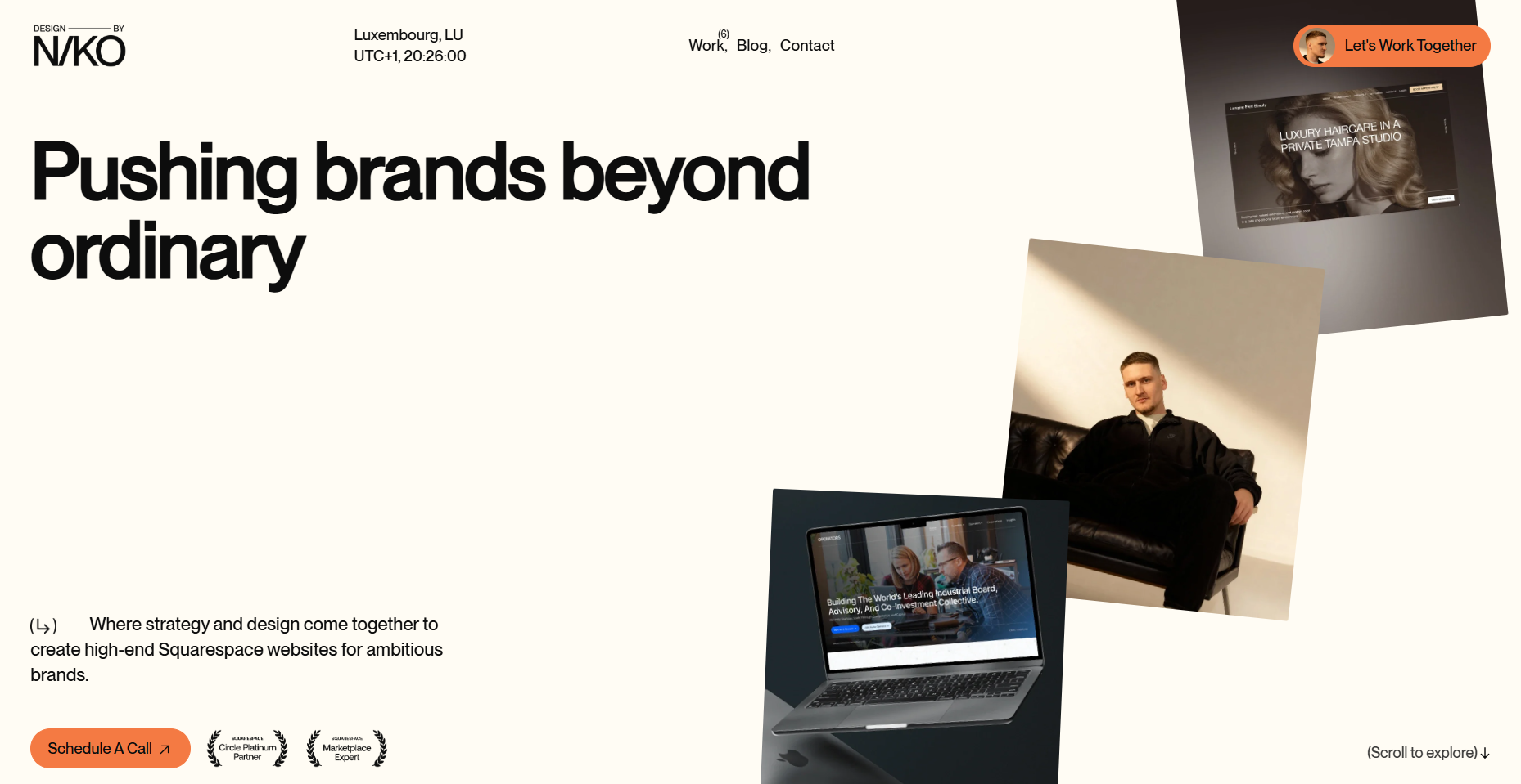 A website homepage with the headline "Pushing brands beyond ordinary," featuring images of a laptop displaying a website, a portrait of a man sitting on a sofa, and a computer screen with a business meeting. The top navigation menu includes links to Work, Blog, Contact, and a button labeled "Let's Work Together" in the top right corner. The bottom has a button for scheduling a call and icons for partnerships and expertise.