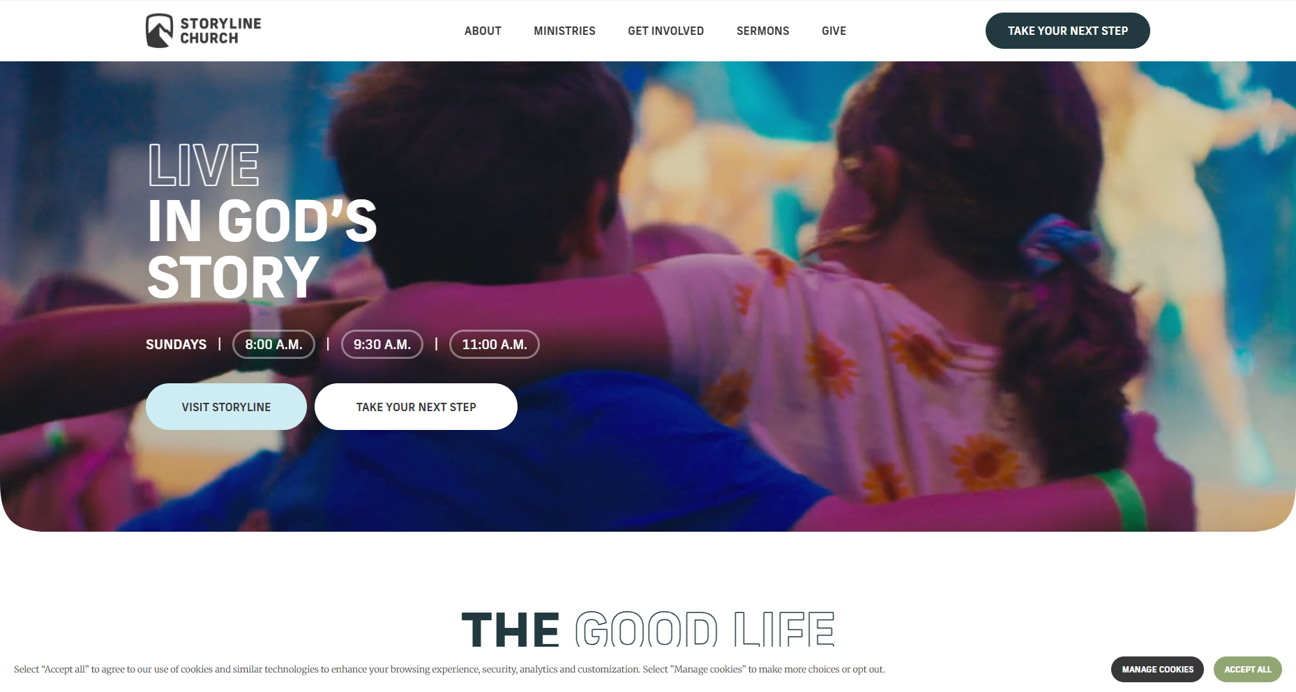 Homepage of Storyline Church website showing a banner with people embracing, with text promoting live worship service times on Sundays at 8:00, 9:30, and 11:00 a.m., and buttons to visit the church website or take the next step.
