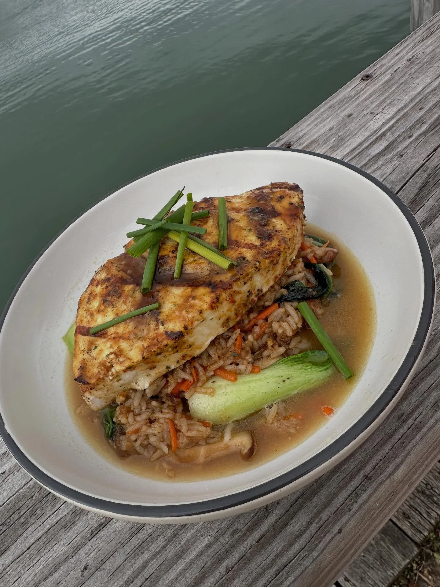 Grilled swordfish with bok choy, shiitake mushrooms, carrot, fried rice, miso broth and pineapple soy glaze. Enjoy!!