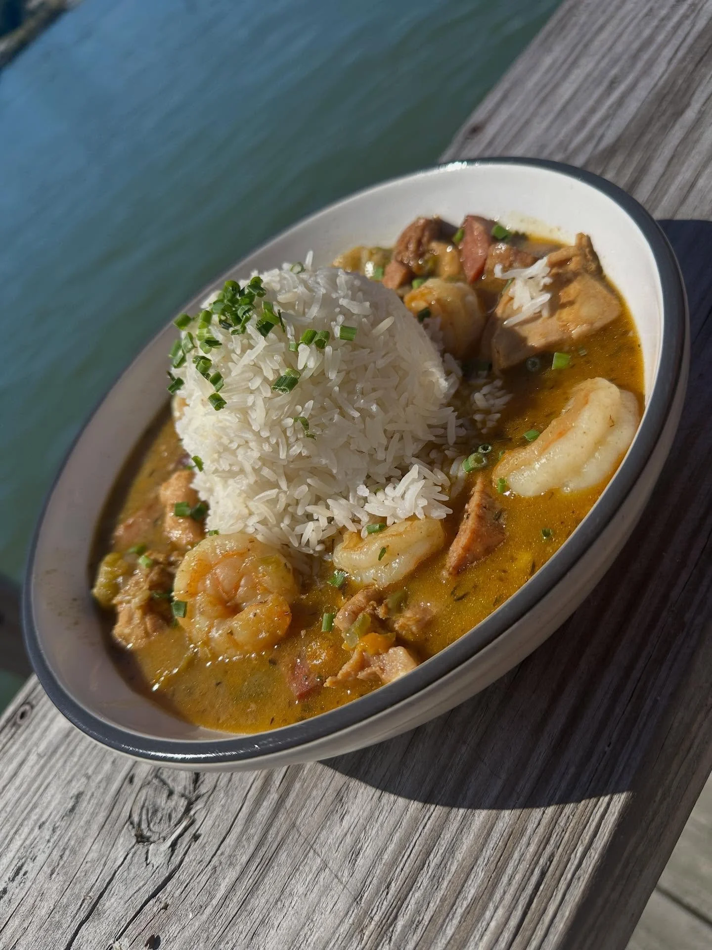 Gumbo with chicken, andouille sausage and shrimp. $18