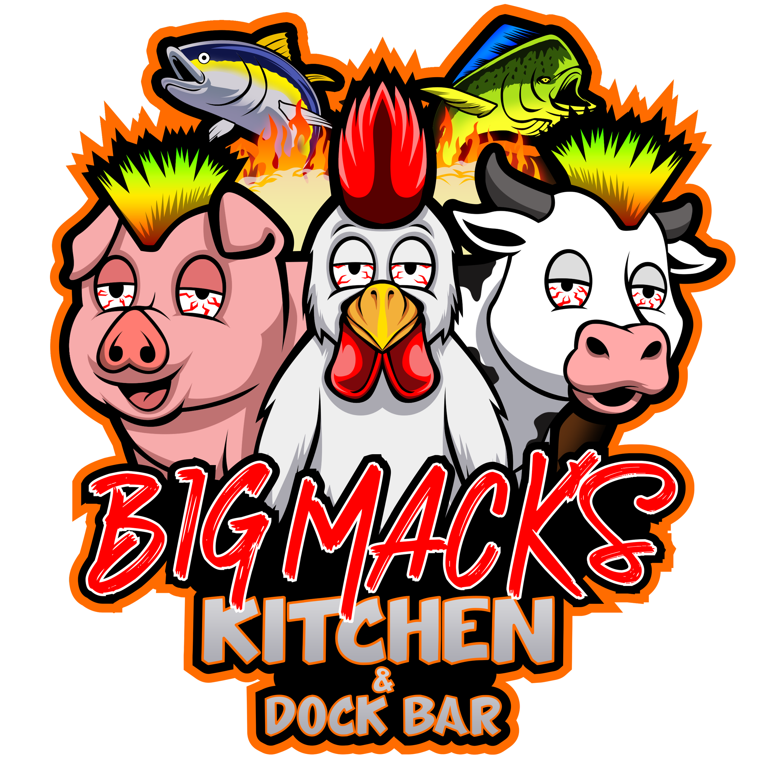 Big Mack's Logo depicting pit beef, pork, chicken, and seafood