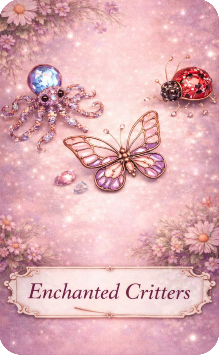 Pink background with flowers and sparkles, featuring decorative pins of an octopus, butterfly, and ladybug, labeled "Enchanted Critters."