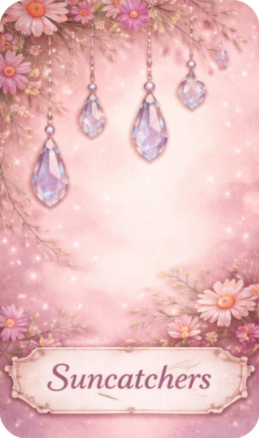 A decorative image with pink flowers and hanging crystal suncatchers on a pink background, with a label reading 'Suncatchers' at the bottom.