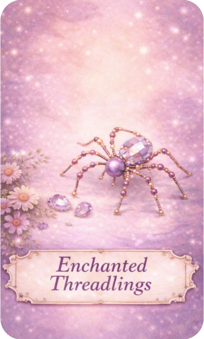 Pink background with sparkling stars, a spider made of pink and gold beads and gemstones, and a small cluster of pink daisies with green leaves in the lower left corner. The text 'Enchanted Threadlings' is written on a decorative banner.