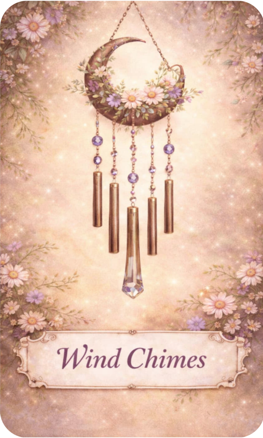 A decorative wind chime with a crescent moon and floral design, hanging against a soft, pastel background with flowers and sparkles, labeled 'Wind Chimes'.