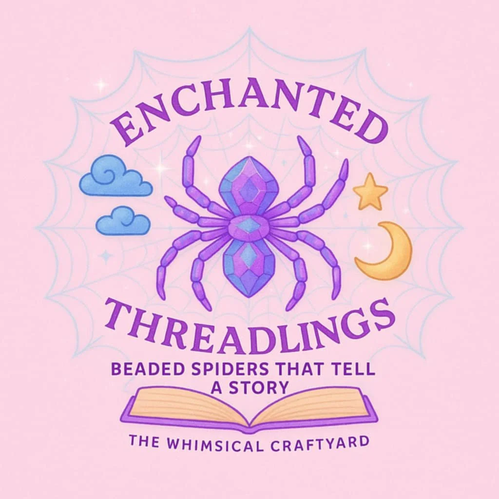 Book cover titled "Enchanted Threadings" featuring a purple gemstone spider in the center, surrounded by a web, blue clouds, a star, and a crescent moon, with subtitle "Beaded Spiders That Tell a Story" and "The Whimsical Craftyard" at the bottom.