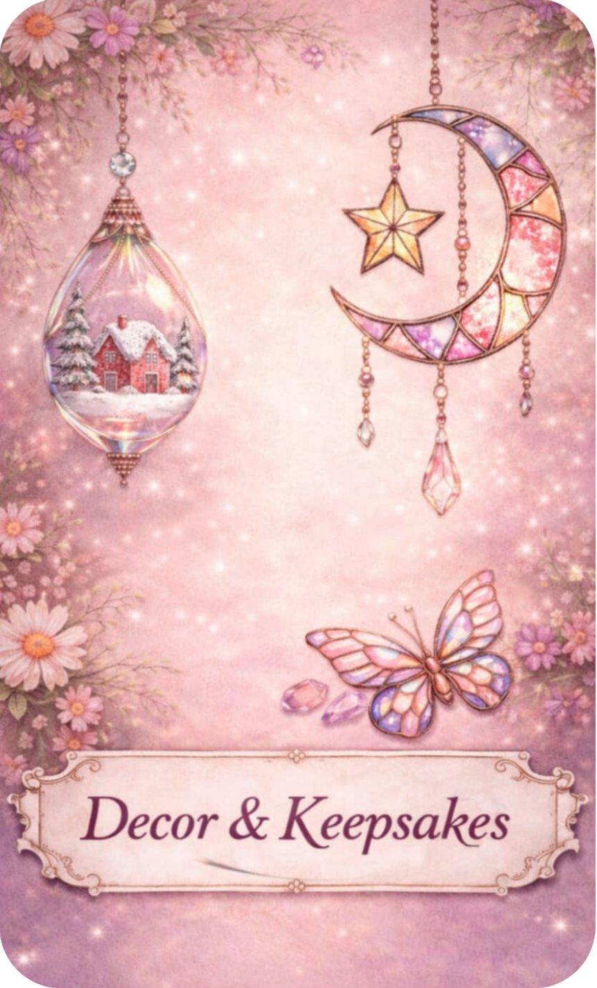 Pink background with glitter and floral border, featuring decorative items like a stained glass butterfly, a star and moon ornament, and a snow globe with a winter scene, along with the text 'Decor & Keepsakes'.