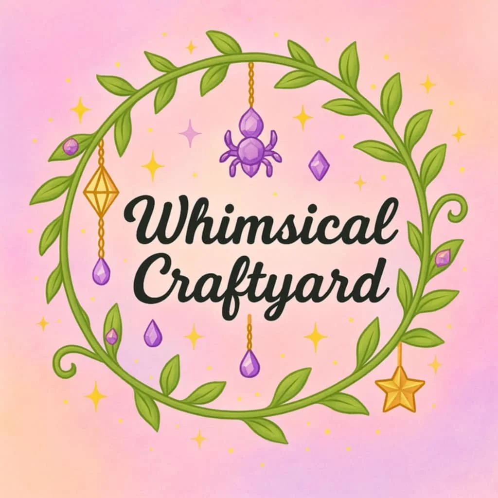 A pink background with a green leafy circle decorated with purple gemstones, a yellow star, and a purple spider, surrounding the text 'Whimsical Craftyard' in black cursive font.