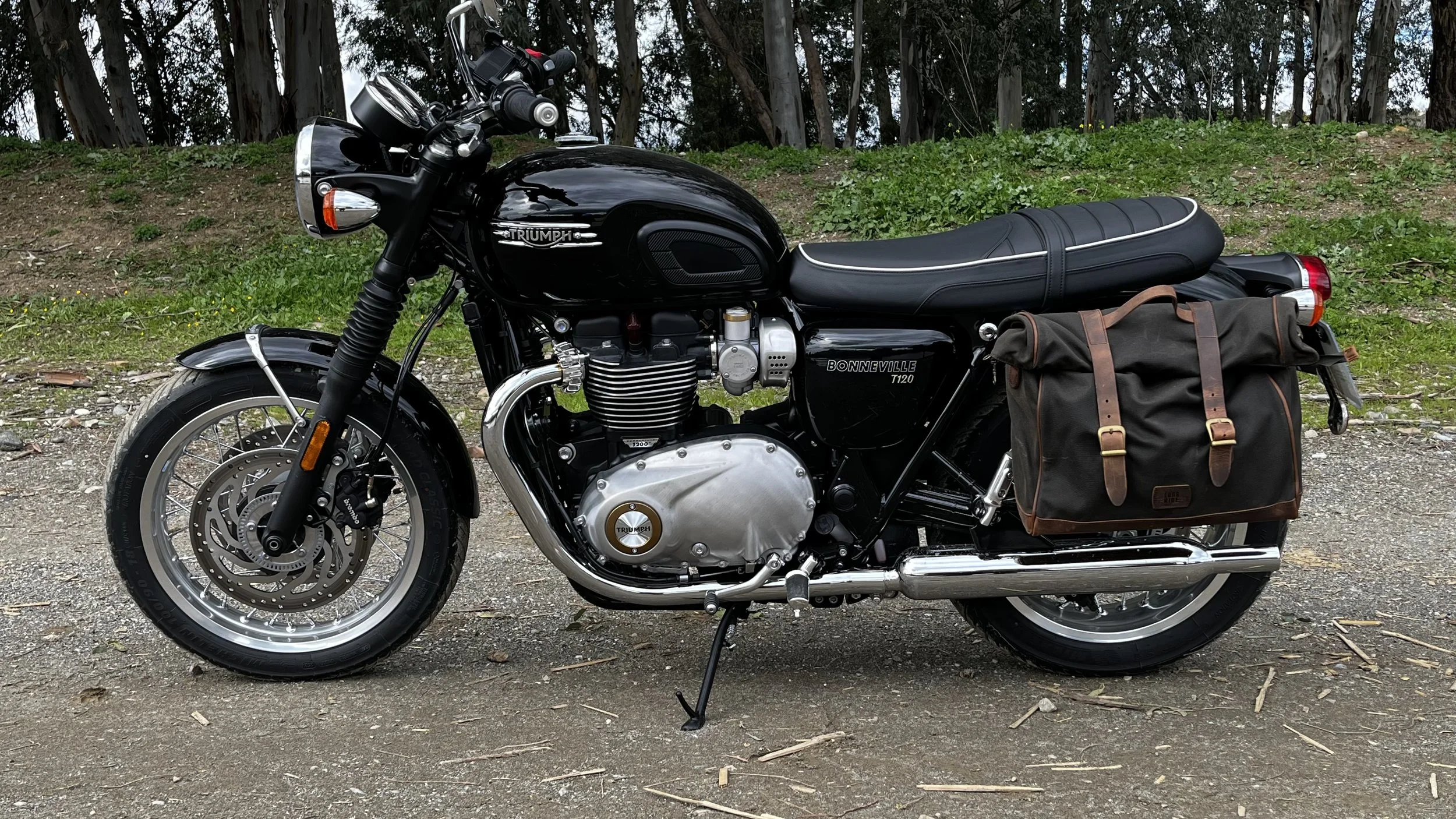Black Triumph Bonneville T120 motorcycle with brown leather saddlebag parked on a dirt ground, green grass, and trees in the background.