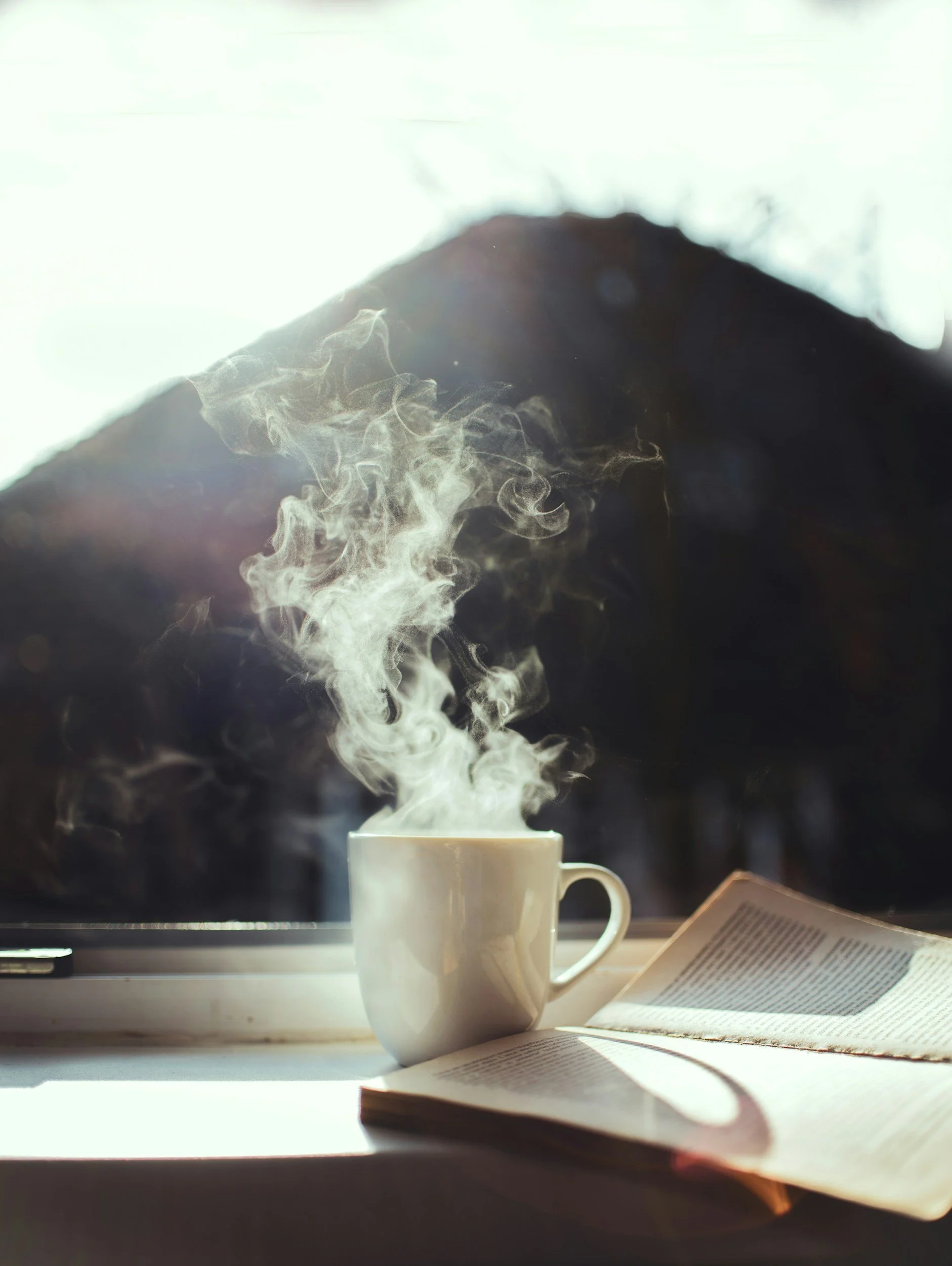 A steaming cup of coffee on a windowsill with an open book beside it and a mountain visible through the window.