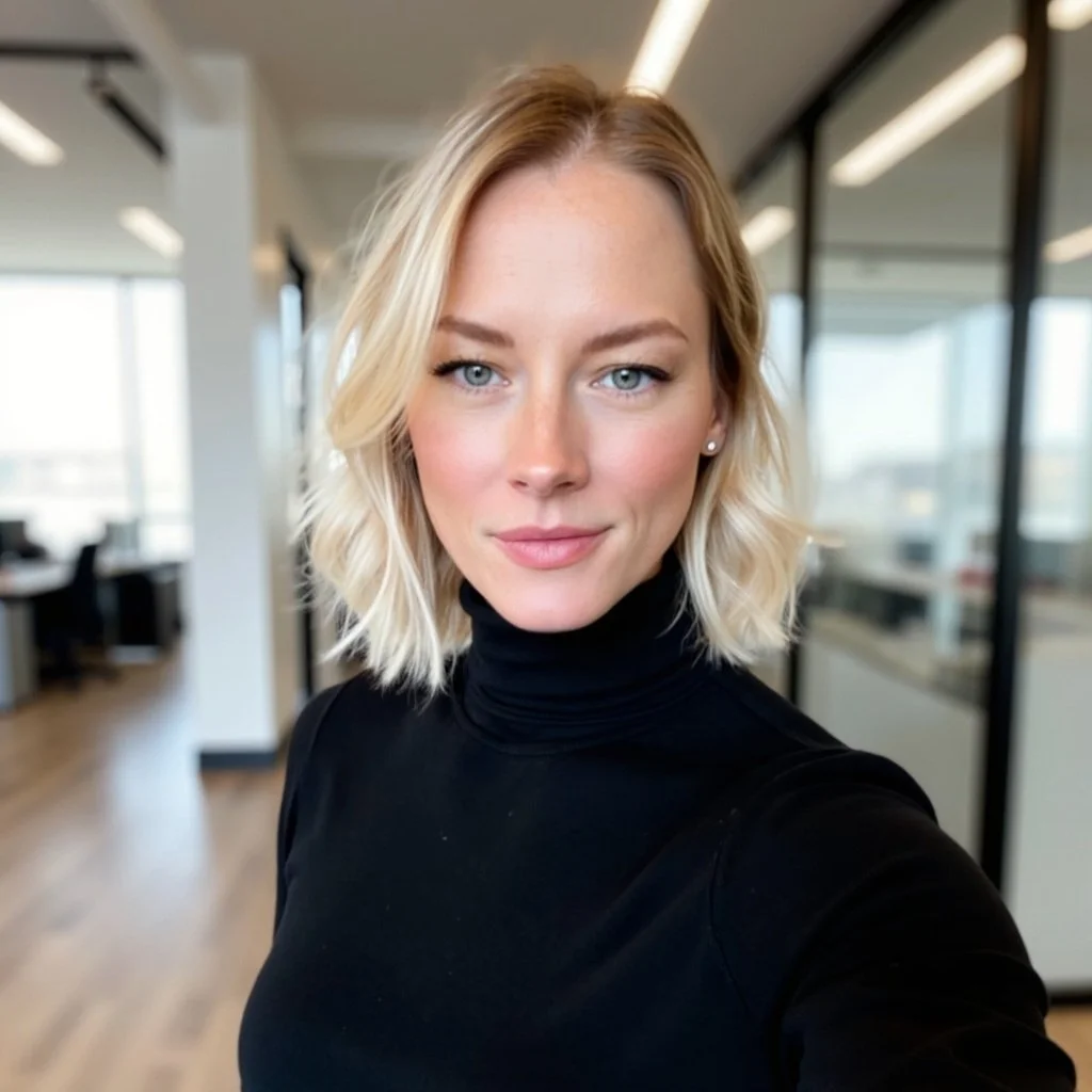 A woman with blonde, shoulder-length wavy hair, wearing a black turtleneck, taking a selfie in a modern office with glass walls and bright lighting.