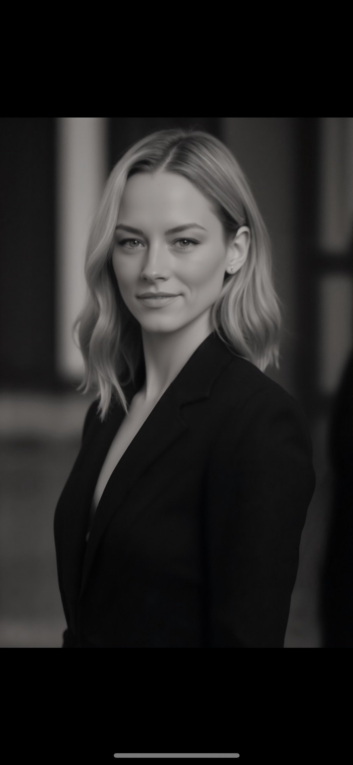 Black-and-white portrait of a woman with wavy blonde hair, wearing a dark blazer, with a slight smile, in front of a blurred background.