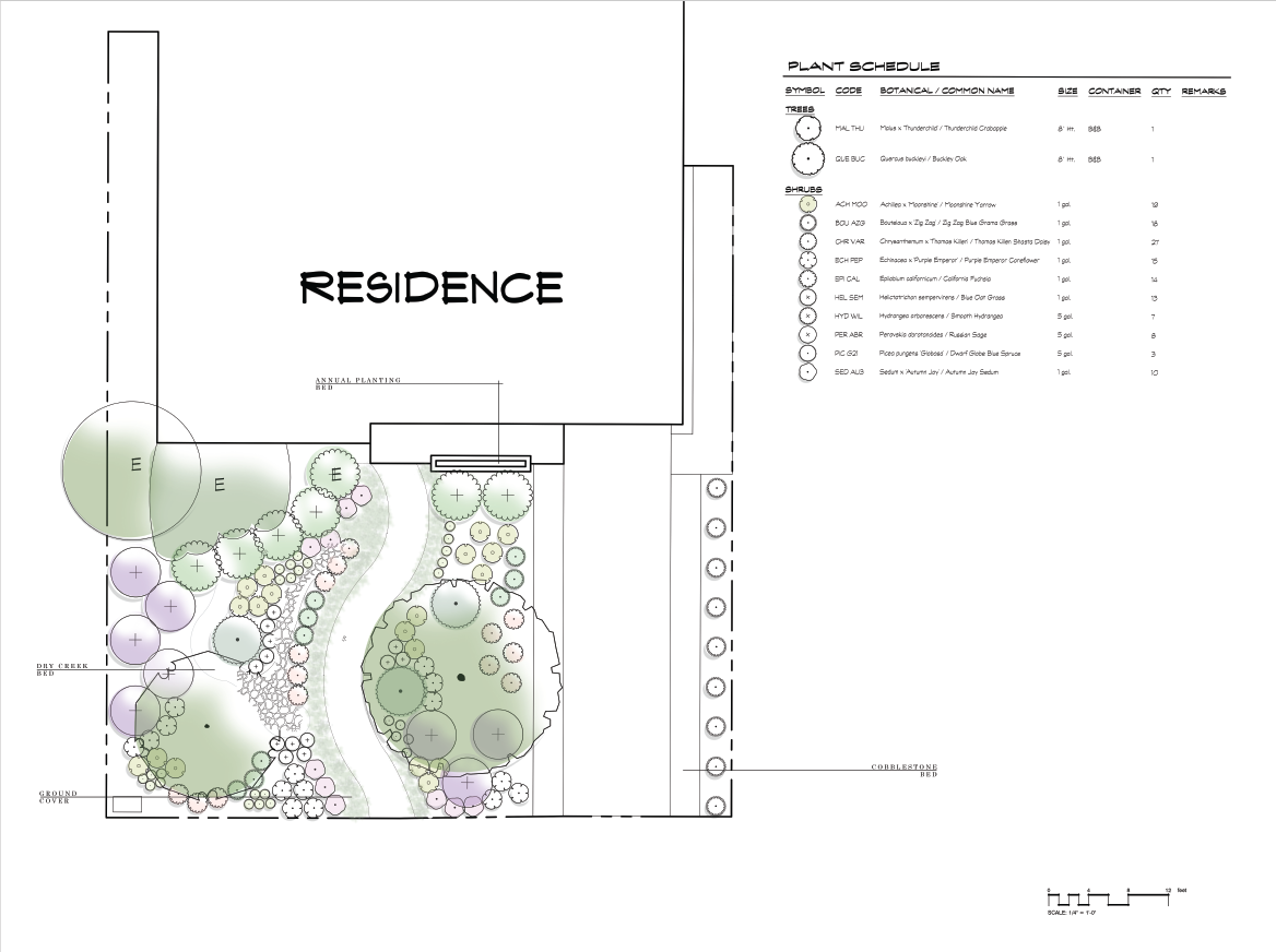 Landscaping plan for a residence, showing plant layouts, trees, shrubs, and a plant schedule with symbols, scientific names, sizes, containers, and quantities.