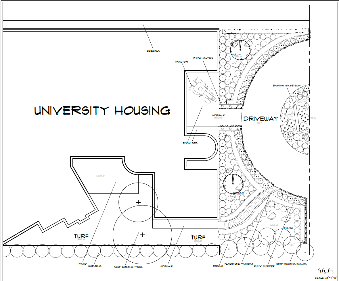 Landscape architectural plan for university housing, showing sidewalk, driveway, turf areas, trees, mulch, rock beds, and existing stone sign.