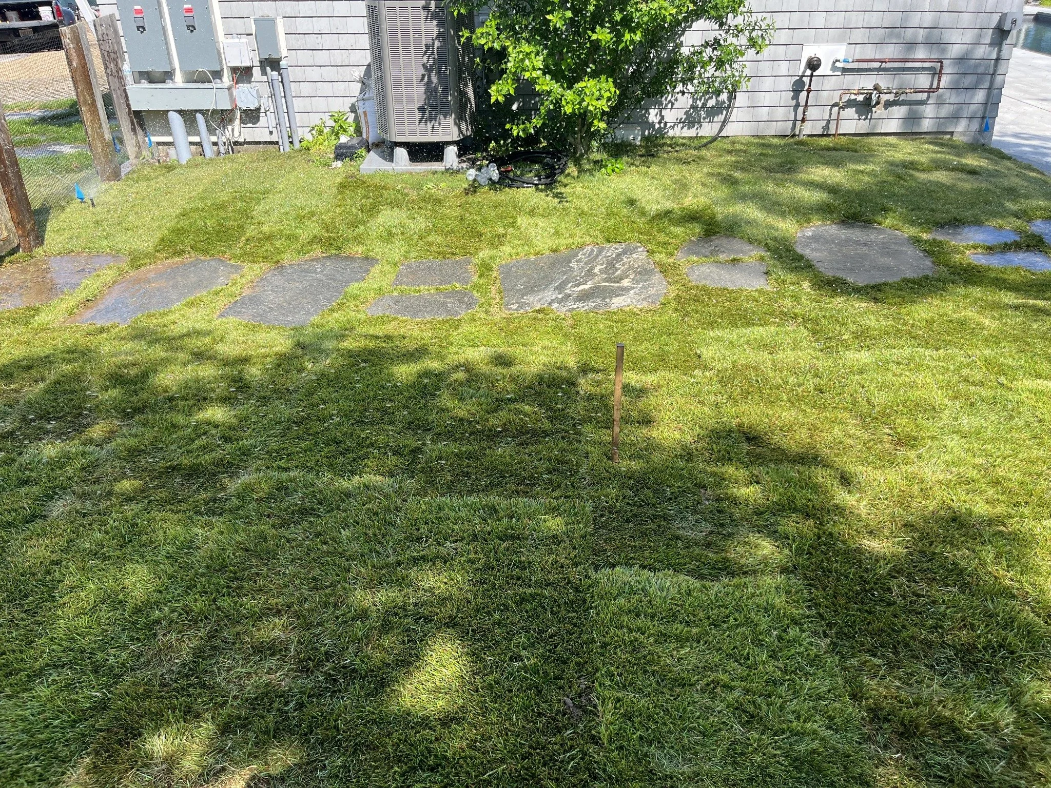A grassy backyard area with flagstone stepping stones, a small tree, and a building with electrical panels, an air conditioning unit, and exposed pipes.