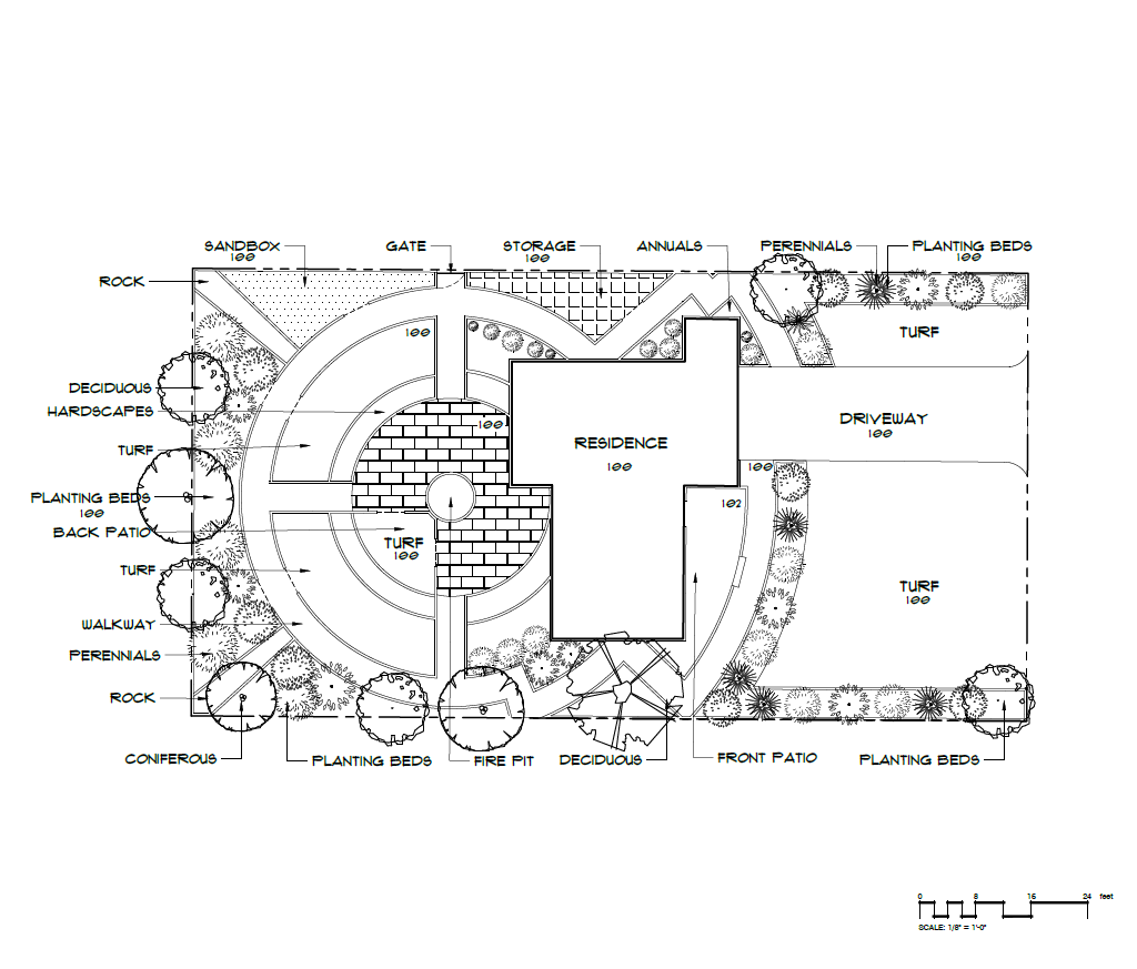 Landscape design plan showing the layout of outdoor features including a driveway, residence, various planting beds, turf areas, parking spaces, a walkway, a fire pit, rocks, deciduous and coniferous trees, perennial and annual plantings, a back patio, sandbox, gate, storage, and front patio with a scale at the bottom.