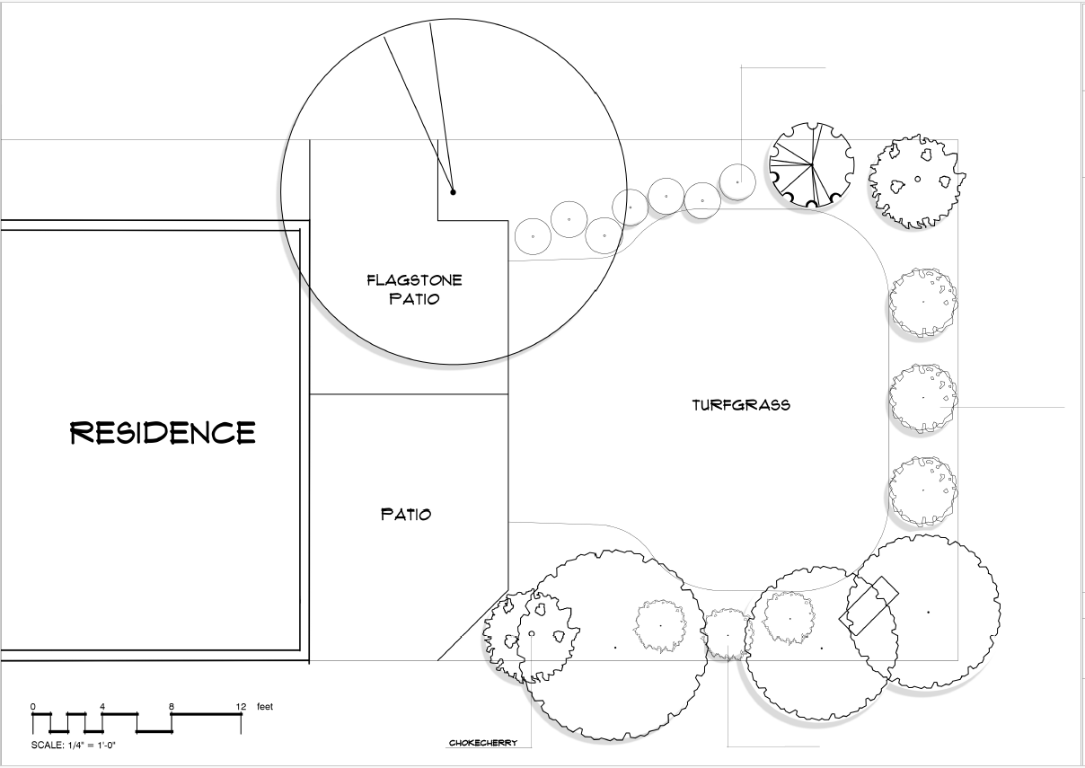 Site plan of a residential yard with labeled zones including a residence, patio, flagstone patio, turfgrass, and various trees and shrubs.