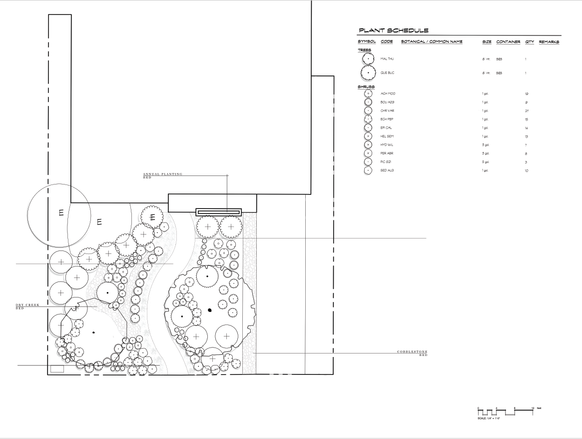Landscape landscape plan showing planting layout, trees, shrubs, and a plant schedule on the right side.