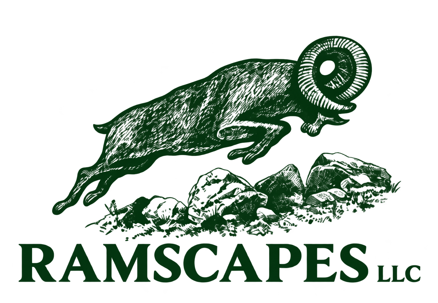 A dark green graphic logo featuring a ram with large curved horns, standing on rocks and grass. The text "RAMSCAPES LLC" appears below the ram.