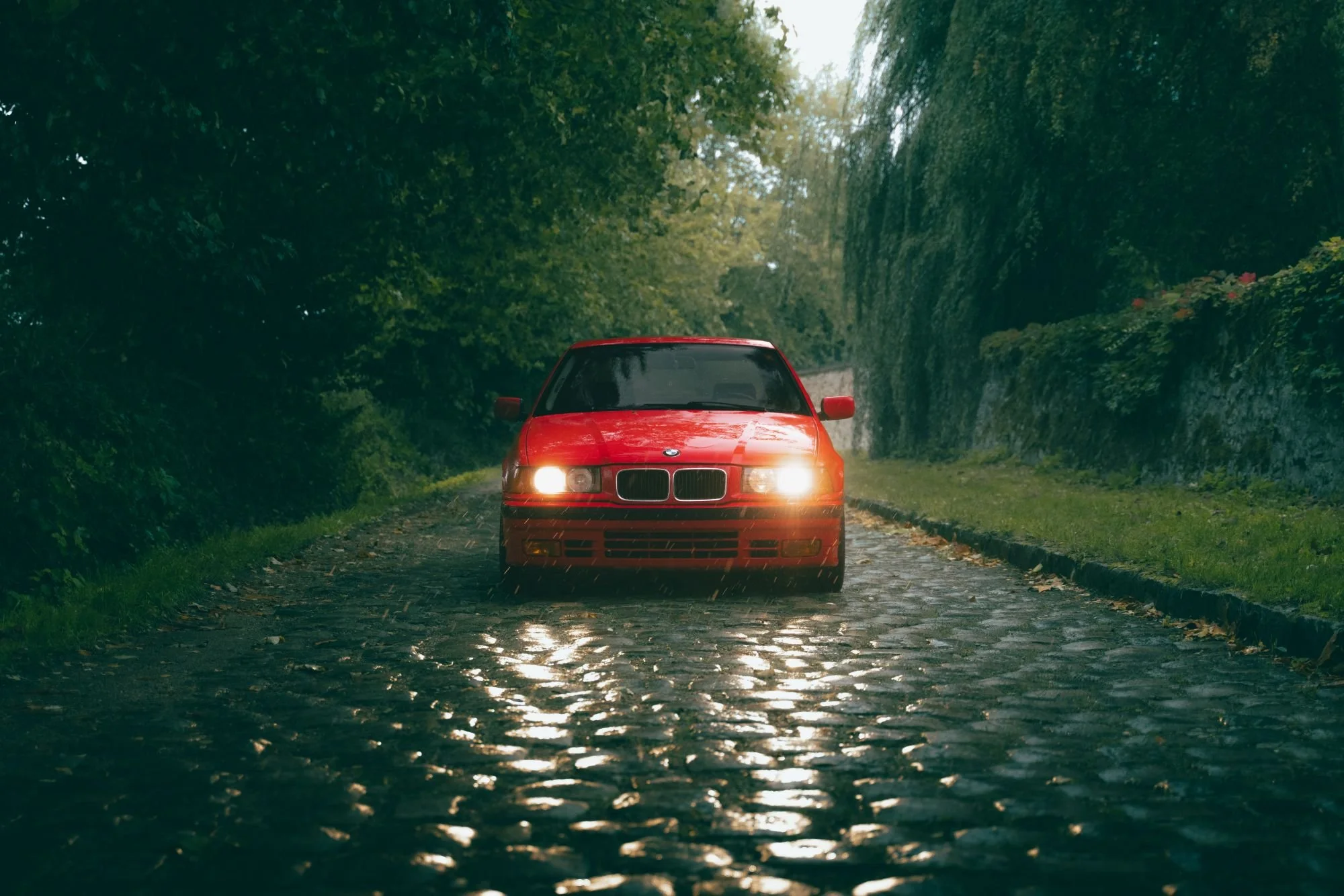 Une voiture rouge sur une route pavée sous la pluie, entourée de végétation verte dense.