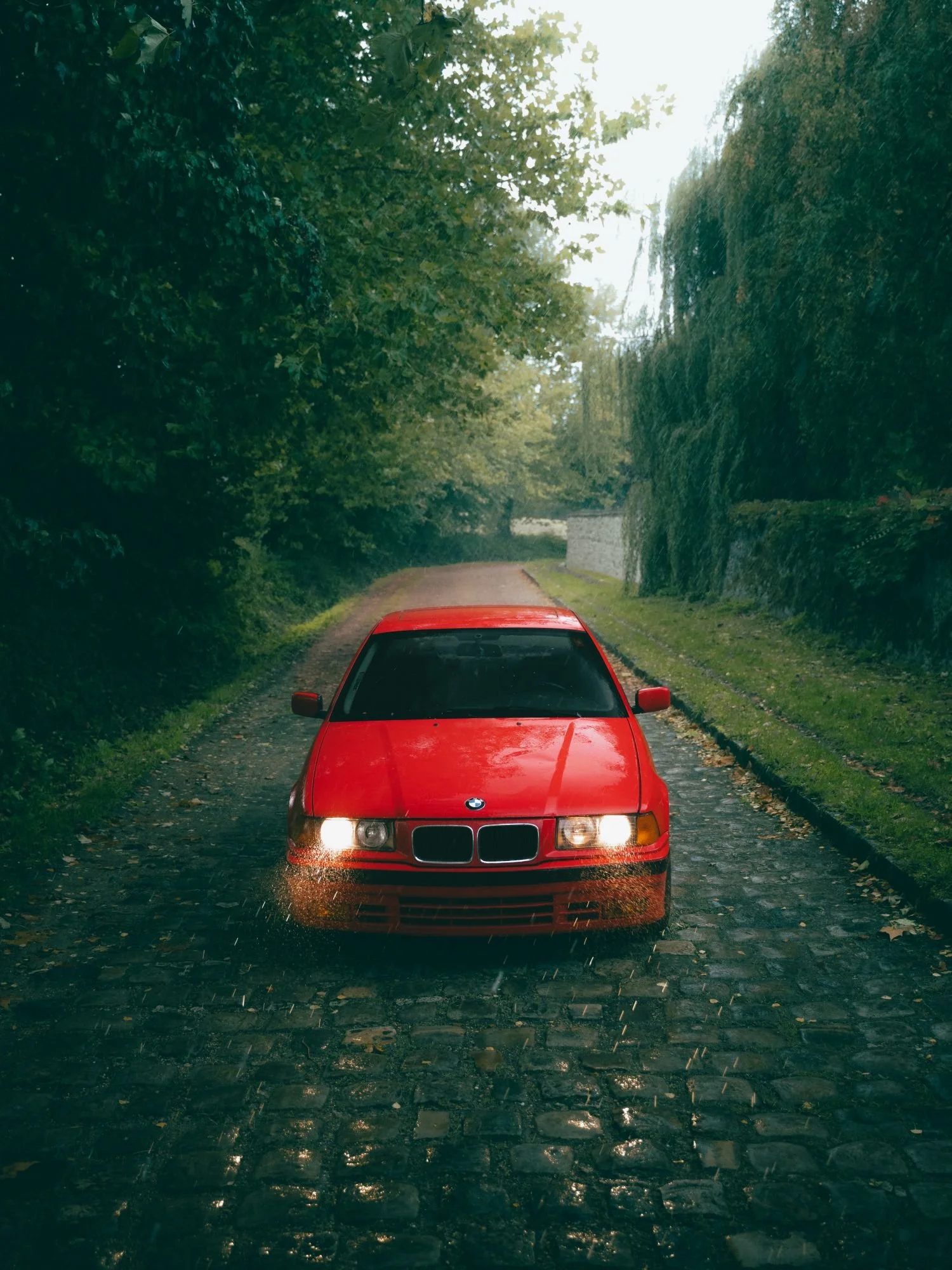 Une voiture rouge, une BMW, garée sur une route pavée sous une pluie, entourée d'arbres verts et de buissons, pendant qu'il pleut.
